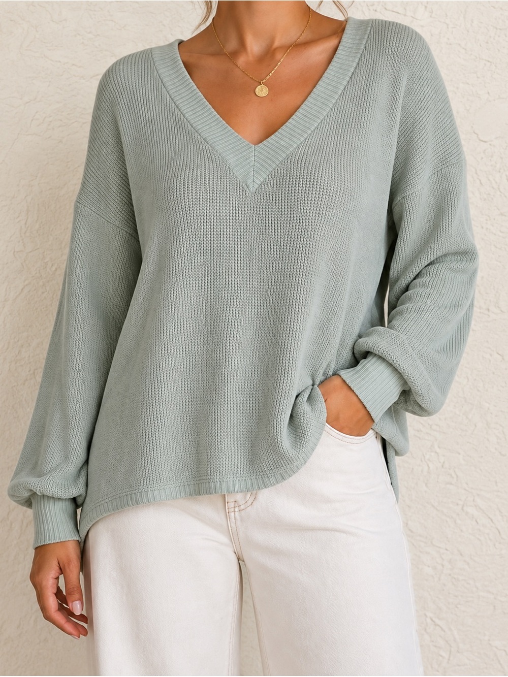 Lulu's Mint Sage V-Neck Knit Sweater